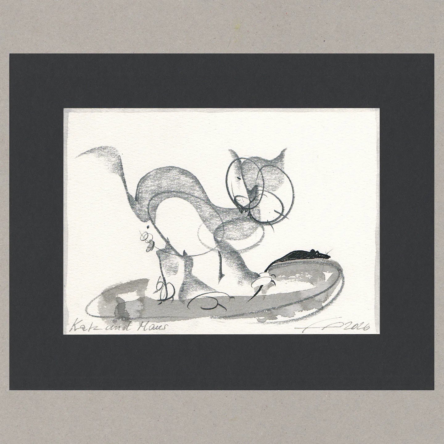 Katz und Maus, Zeichnung (kaschiert), 11x15,4 cm