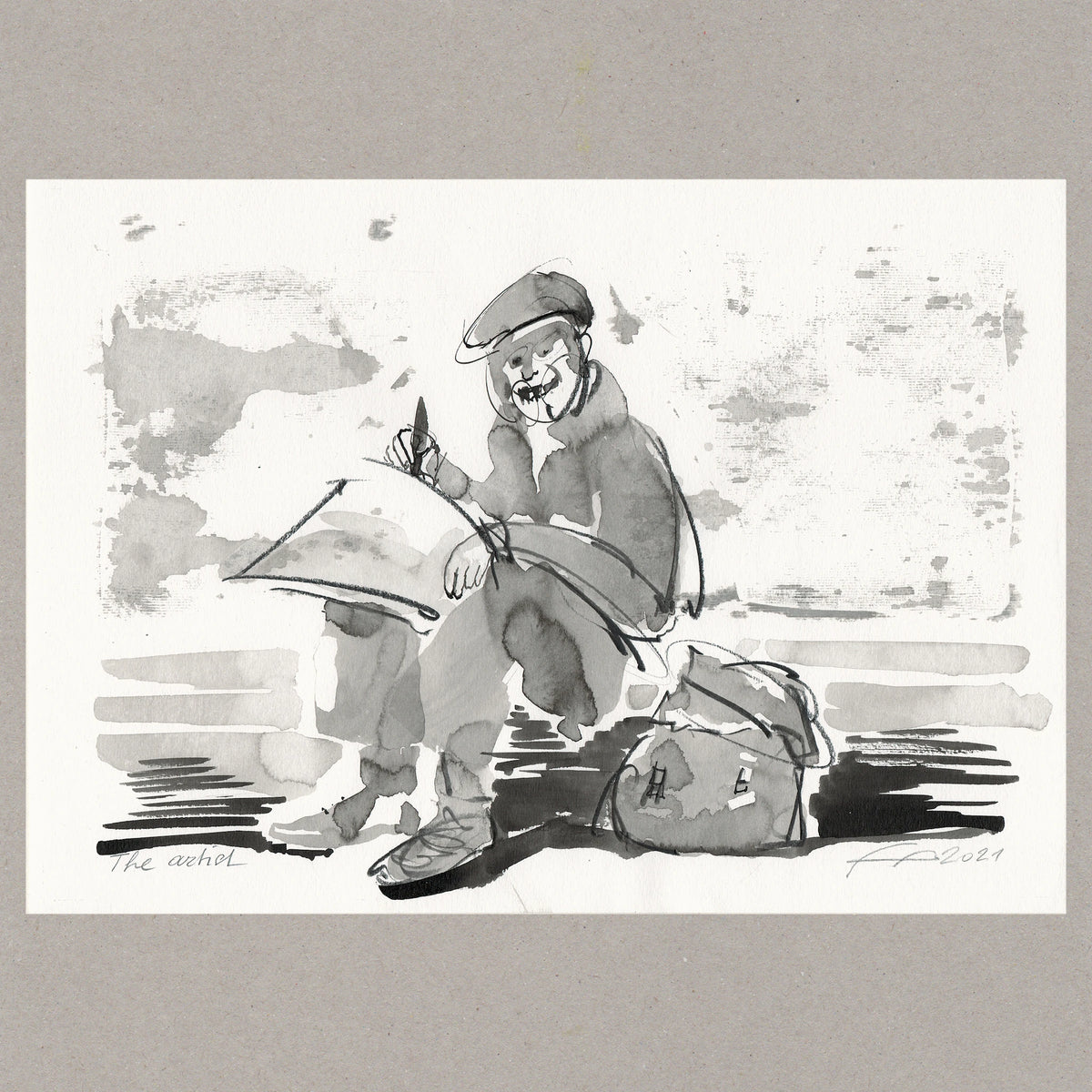 Originalzeichnung „The artist“ von Alexander Fasekasch, 2021, mit sitzender Figur in Schwarz- und Grautönen auf Papier.