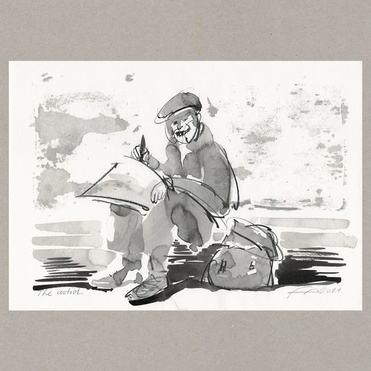 Originalzeichnung „The artist“ von Alexander Fasekasch, 2021, mit sitzender Figur in Schwarz- und Grautönen auf Papier.