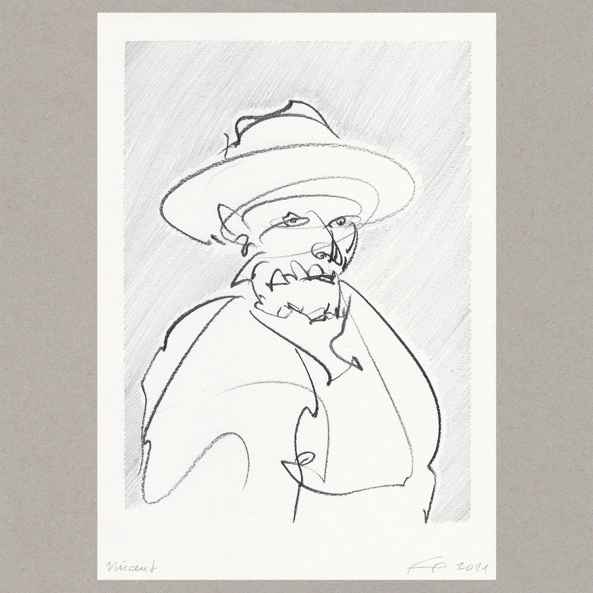 Figur mit breitem Hut und Bart vor schraffiertem Grund, Ölkreide und Bleistift auf Papier von Alexander Fasekasch, 2021.