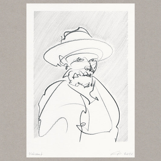 Figur mit breitem Hut und Bart vor schraffiertem Grund, Ölkreide und Bleistift auf Papier von Alexander Fasekasch, 2021.