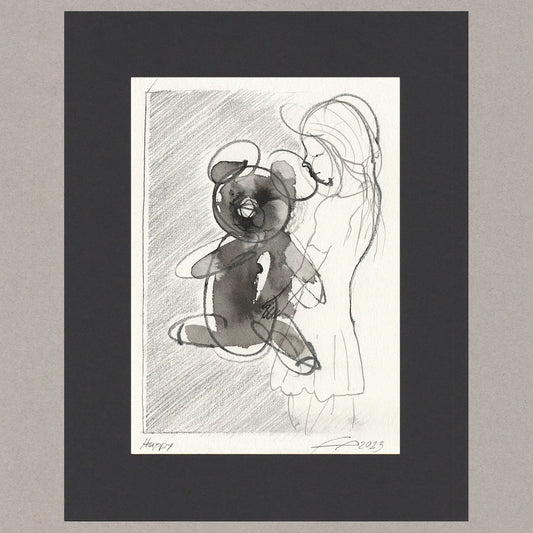 Happy, Zeichnung (kaschiert), 15,3x11 cm