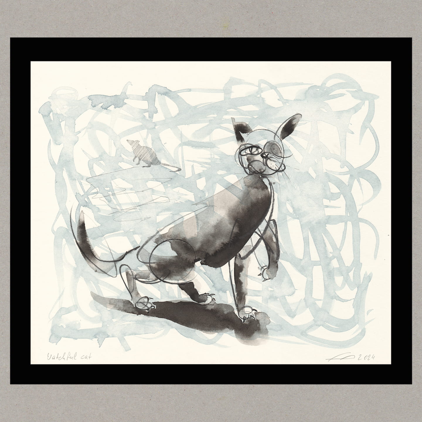 Watchful cat, Zeichnung, 26x31 cm