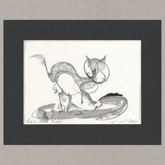 Katz und Maus, Zeichnung (kaschiert), 11x15,4 cm