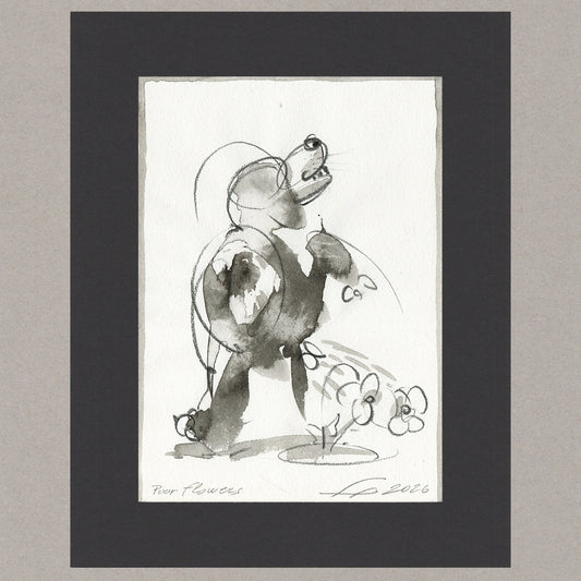 Aufrecht stehende hundeartige Figur über einer kleinen Blumengruppe, Tusche und Ölkreide von Alexander Fasekasch, 2026.